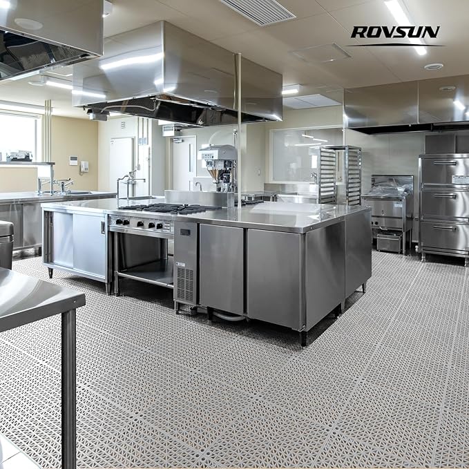 ROVSUN 12 PCS Interlocking Drainage Mat, 12’’x12’’ Drainage Tiles Interlocking,Soft PVC Floor Tiles, Non-Slip Drainage Holes for Restroom, Bathroom, Kitchen, Pool, Wet Areas,Grey