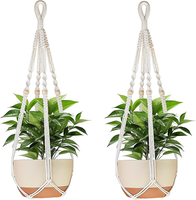 Macrame Plant Hanger Indoor with Wood Beads and No Tassels,35 Inch Extra Long Strong Hanging Planter Flower Pot Holder Boho Home Decor,Set of 2,Ivory(Pots Not Included)