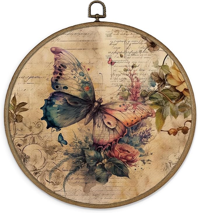 MAQIKA Vintage Butterfly Flower Framed Wall Art Decor, Retro Botanical Round Wall Hanging Decor, Canvas Prints Wall Art for Farmhouse Bedroom Living Room, 10x10 Inch