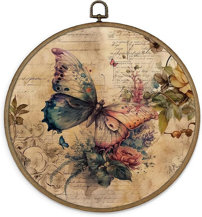 MAQIKA Vintage Butterfly Flower Framed Wall Art Decor, Retro Botanical Round Wall Hanging Decor, Canvas Prints Wall Art for Farmhouse Bedroom Living Room, 10x10 Inch