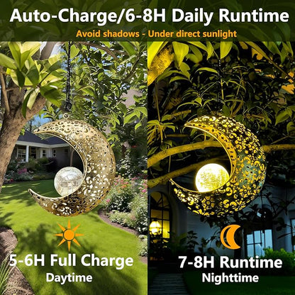 Solar Garden Hanging Moon Lights Outdoor Decor,Metal Lanterns Art Decorations for Outside Yard Lawn Patio Wall Fences Driveway Trail,Unique Housewarming Gardening Gifts for Women Mom