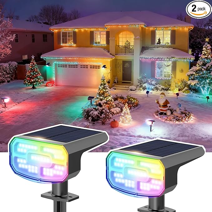Color Changing Solar Spot Lights Outdoor Waterproof IP65,9 Lighting Modes Multicolor RGB Christmas Spotlight for Porches Yard Gardens Landscape Deconrations-2 Pack