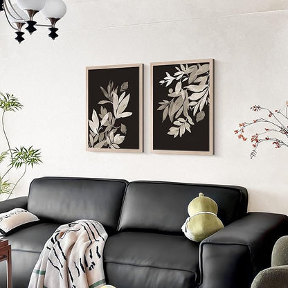 Framed Vintage Canvas Wall Art Botanical Leaves Poster Picture Countryside Painting Nature Landscape Modern Home Print Living Room Gallery Office Ready to Hang 16x24 inches x2