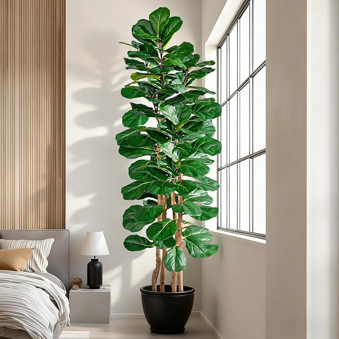 Artificial Fiddle Leaf Fig Tree 6FT, Faux Fig Tree Indoor with Natural Wood Trunk & Realistic Leaves with Moss Pot Fake Ficus Tree Large Faux Floor Plant for Living Room Home Decor, House Plant