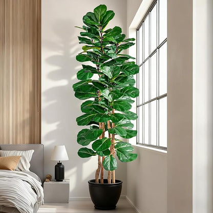 Artificial Fiddle Leaf Fig Tree 6FT, Faux Fig Tree Indoor with Natural Wood Trunk & Realistic Leaves with Moss Pot Fake Ficus Tree Large Faux Floor Plant for Living Room Home Decor, House Plant