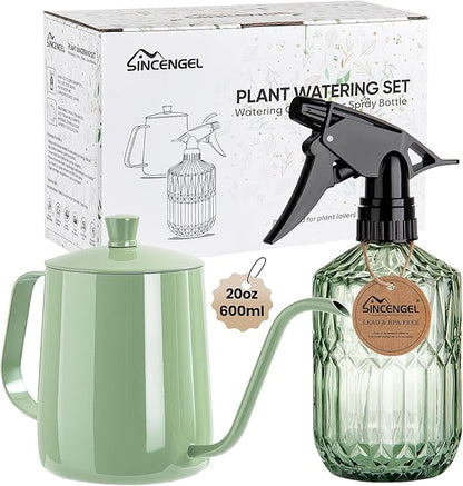 Watering Can for Indoor Plants, 20 oz Metal Small Plant Watering Can with Long Spout for House Plants, 13.5 oz Glass Plant Mister Spray Bottle for Bonsai Garden Flowers Decorative (Green)