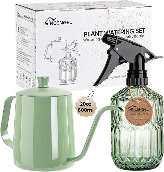 Watering Can for Indoor Plants, 20 oz Metal Small Plant Watering Can with Long Spout for House Plants, 13.5 oz Glass Plant Mister Spray Bottle for Bonsai Garden Flowers Decorative (Green)