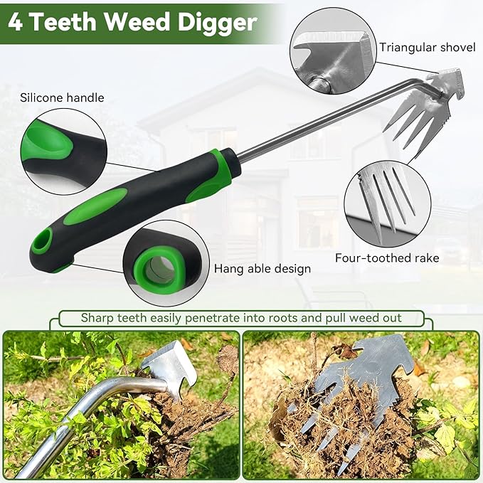 Stand Up Hand Weeding Tool Set, Heavy Duty Stainless Steel Weed Puller for Lawn & Garden with 4-Claw Digger, Crack Weeder and Ergonomic Rubber Handle Manual（3 Pcs）