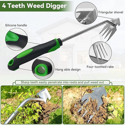 Stand Up Hand Weeding Tool Set, Heavy Duty Stainless Steel Weed Puller for Lawn & Garden with 4-Claw Digger, Crack Weeder and Ergonomic Rubber Handle Manual（3 Pcs）