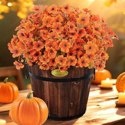 Fall Artificial Flowers for Outdoors Fake Mums for Outside 20 Bundles Faux Silk Orange Dasiy Flower Look Real UV Resistant No Fade Faux Fall Flowers for Front Door Porch Autumn Decoration