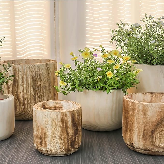 CYS EXCEL 6.25'' Burnt Finish Cylinder Planter Lightweight Natural Wood Cachepot for Indoor Plants, Succulents, Herbs, Home & Office Decor
