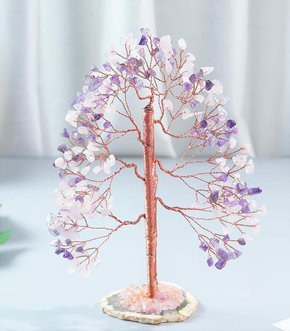 Amethyst & Rose Quartz Crystal Tree of Life - Handmade Gemstone Tree, Geode Agate Slice Base, Chakra Tree of Life, Feng Shui Tree, Money Tree, Crystal Decorations, Spiritual Gifts, Healing Crystal