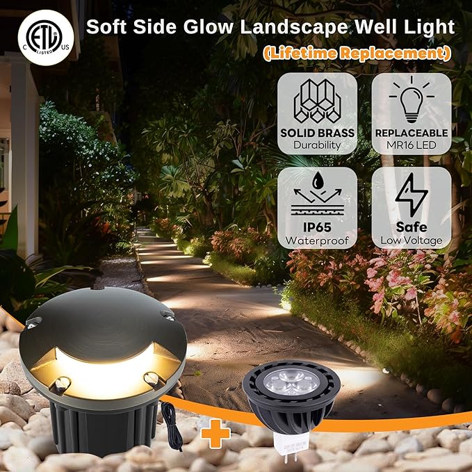 Gardenreet Landscape Low Voltage Well Light - Brass LED Electric 12V in-Grade Lighting, Replaceable Bulb Wired Fixture, Antique Bronze for Patio Yard Pathway with 5000K Daylight White MR16 Bulb