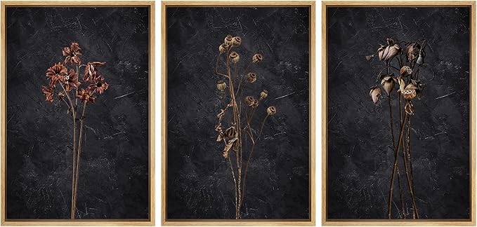 Ashbrook Framed Canvas Print Wall Art Set Dark Moody Wildflowers Nature Wilderness Illustrations Modern Art Decorative Floral Botanical Minimal Calm/Relax/Cozy for Bedroom - 16"x24"x3 Natural