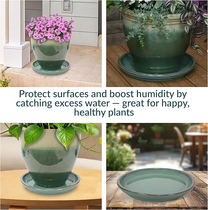 Sunnydaze 12-Inch Ceramic Plant Saucers - Plant Drip Trays for Outdoor Planter Flowerpot Drainage - Set of 4 - Seafoam