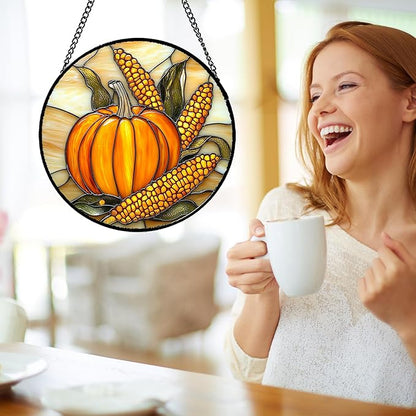 Stained Glass Window Hanging Autumn Harvest Pumpkin Corn 9.8" - Suncatcher Door Garden Kitchen Sunroom Sun Catcher Fall Home Decor Birthday for Mom Grandma Men Woman