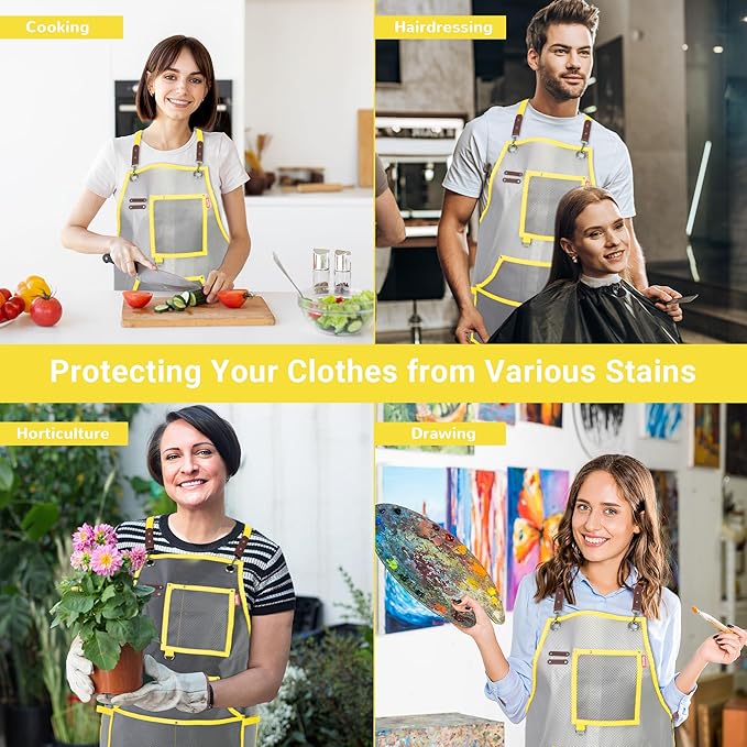 Waterproof Work Apron for Chefs, Hair Stylists, Artists, Gardeners, Adjustable, Multi-Pockets, TPU Mesh Fabric, Plus Size