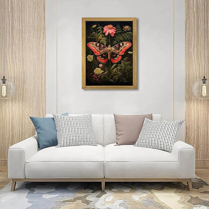 SAMHOU Framed 3D Textured Butterfly Wall Art, Hand Drawn Sandstone Butterfly Wall Decor, Vintage Nature Botanical Flower Pictures for Living Room Bedroom Office Home Decor 16x24 inch