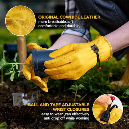 OZERO Leather Work Gloves for Men: Large 3 Pairs Cowhide Working Gloves for Driving Heavy Duty Mechanic Ranch - Women Gardening Glove