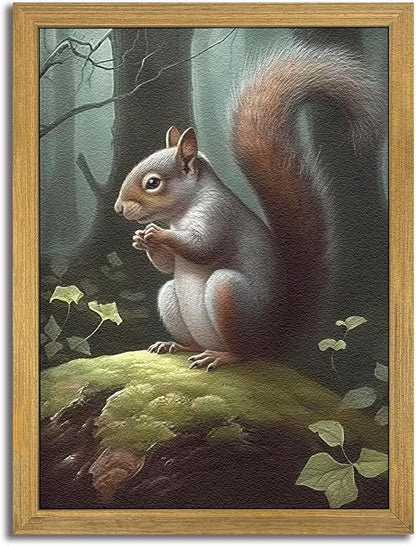 SAMHOU Framed Vintage 3D Textured Wall Art, Hand Drawn Sandstone Squirrel Prints Pictures, Dark Nature Animal Wall Decor for Living Room Bedroom Bathroom Nursery 12x16 inch