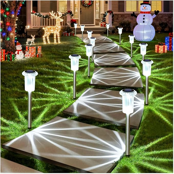 DenicMic Solar Lights Outdoor 10 Pack Waterproof Solar Christmas Lights Outdoor 6000K Cold White LED Stainless Steel Stake for Pathway Yard Garden Driveway Outside Decor