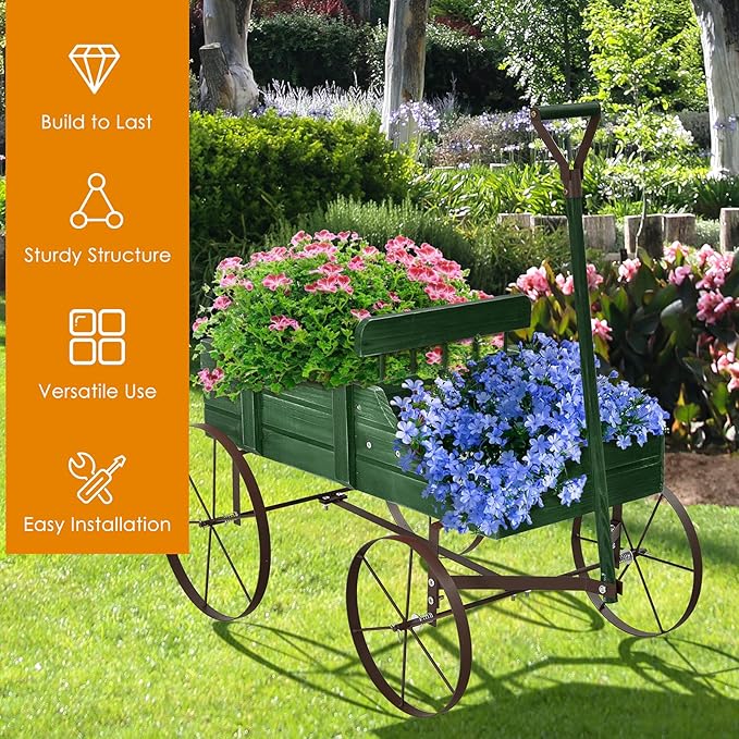 Goplus Wagon Planter, Decorative Wooden Garden Planter with Wheels, 2 Planting Sections and Adjustable Handle, Indoor Outdoor Backyard Balcony Decor (Green)