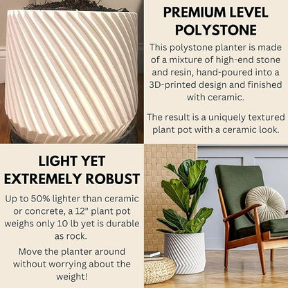 Fox & Fern Large 12 Inch Planter with Drainage Plug — Premium Polystone White Plant Pot; Modern Planter with 3D Texture and Ceramic Finish; 12 Inch Pots for Plants Indoor & Outdoor