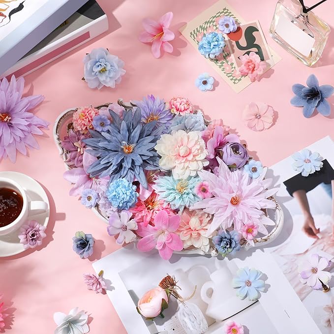 80 Pcs Assorted Fake Flower Heads Mini Artificial Flower Heads Bulk Silk Faux Daisy for Crafts Fake Peony Rose for Wedding Party Wreath Home Decoration(Blue, Purple, Pink)