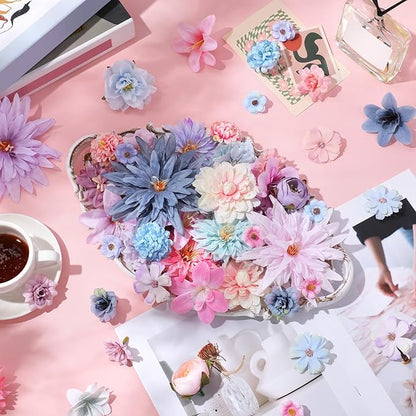 80 Pcs Assorted Fake Flower Heads Mini Artificial Flower Heads Bulk Silk Faux Daisy for Crafts Fake Peony Rose for Wedding Party Wreath Home Decoration(Blue, Purple, Pink)
