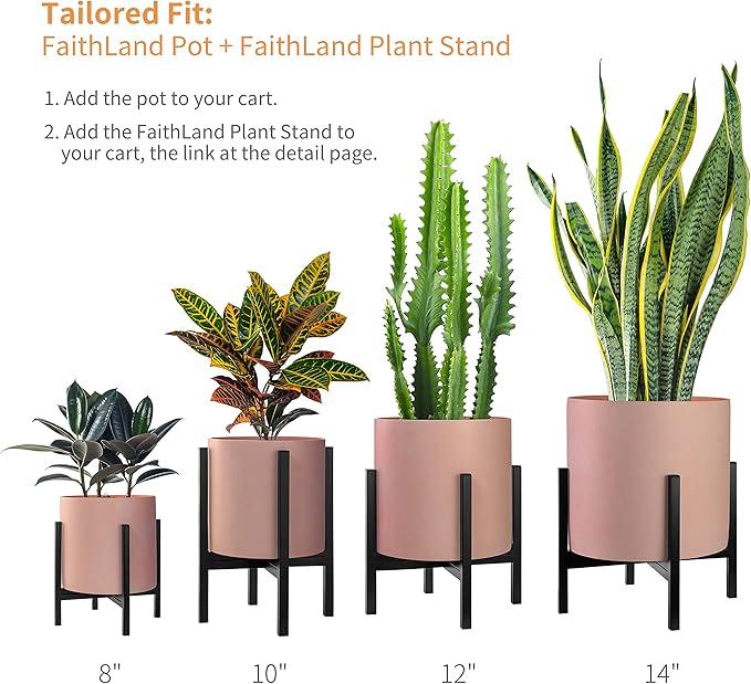 FaithLand Plant Pot 8 inch - Perfectly Fits Mid-Century Modern Plant Stand - Drainage Plug and Drainage Mesh Screen - Terracotta Color Planter Pot