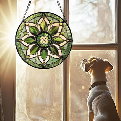 Stained Glass Window Hanging - White Green Boho Flower Suncatcher for Doors Window Home Sun Catchers Decor Christmas Mother's Day Birthday Gifts for Teacher Women Men Mom Nana 11.8 in