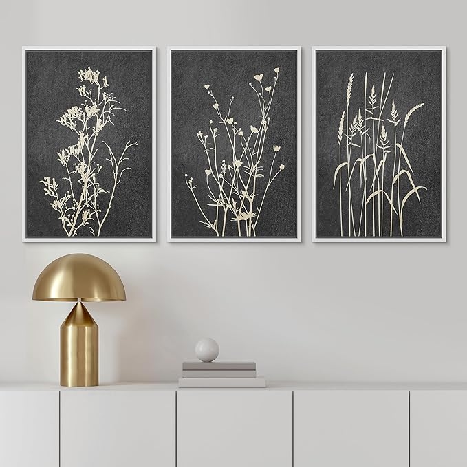 Ashbrook Framed Canvas Print Wall Art Set Black Tan Forest Plant Silhouettes Nature Wilderness Illustrations Modern Art Rustic Chic Colorful for Living Room, Bedroom, Office - 16"x24"x3 White