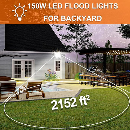 XXBSAZ 150W LED Flood Light Outdoor, High Output Plug-in & Hardwired Security Work Light, IP66 Waterproof 6500K Daylight for Large Yards, Workshops & Barn Exteriors (2 Pack)