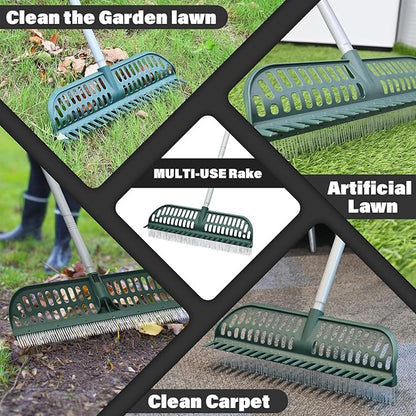 Artificial Turf Rake, 2 in 1 Turf Rake with Adjustable Steel Handle, 30" to 53" Long, 17.9 inch Wide for Artificial Grass and Lawn Leaf Removal, Carpet Rakes, Pet Hair Removal