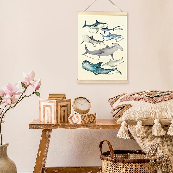 TAEDIN Watercolor Shark Ocean Animal Chart Poster Hanger Frame, Educational Shark Kid Bathroom Decor Wooden Canvas Artwork Print, Sea Life Wall Painting for Homeschool Classroom Library Dorm Decor 16X24