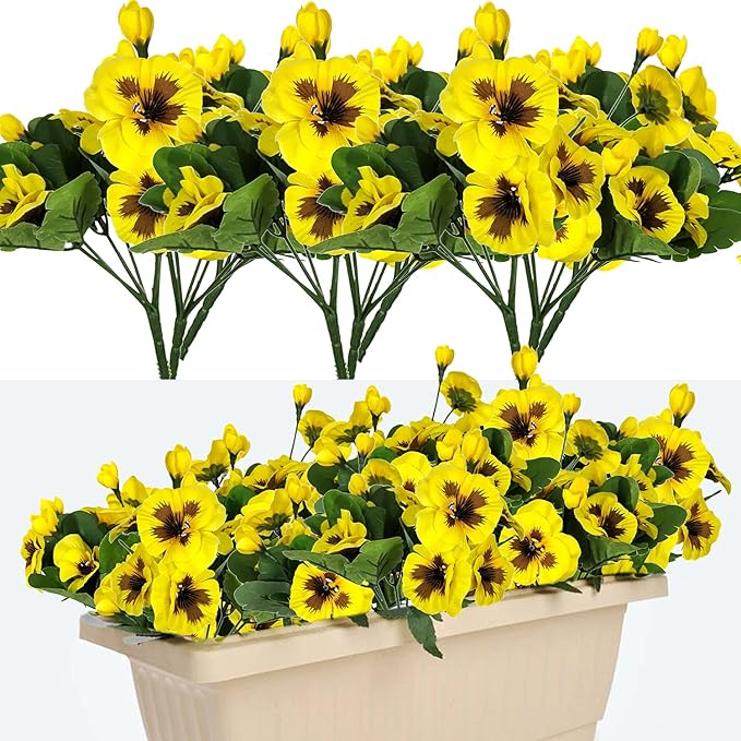 QIANYUN 8 Bundles Fake Flowers Pansy Small Wild Flower Daisy Faux Plastic Purple Flowers for Home Wedding Kitchen Garden Table Centerpieces Indoor Outdoor Decor (Yellow)