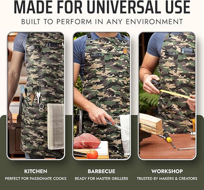 Asaya Chef and BBQ Apron with Bottle Opener and Hand Towel - 10oz Cotton Canvas, Stainless Steel Hardware - Cross Back Straps