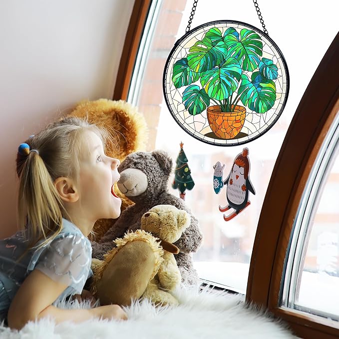 TNUW Monstera Plant Stained Glass Window Hanging, Monstera Leaf Decor Sun Catchers Indoor Window Glass Round Wall Art Decor, Plant Lovers Gifts Wall Hanging Decorations, 7.9＂x7.9＂Green Patio，Lawn,