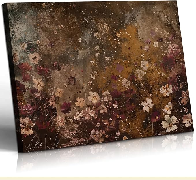 Framed Vintage Wildflower Wall Decor Dark Wildflower Print Country Floral Canvas Painting Nature Botanical Scenery Wall Decor for Farmhouse Living Room or Bedroom 12x16 Inch