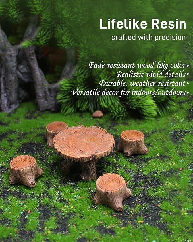 Miniature Resin Table Chairs Figurines, Fairy Garden Accessories Outdoor Stumps Ornaments Kit, Micro Landscape Garden Ornament for Outdoor Indoor Landscape Decor