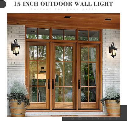 Emliviar 15 Inch Outdoor Wall Lantern, Modern Outside Front Door Lights, Black Finish with Clear Glass, XE292B BK