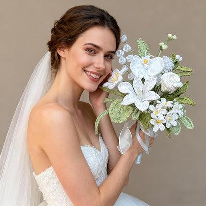 White Crochet Flowers Bridal Wedding Bride Bouquet Handmade Knitted Artificial Flowers Home Decor