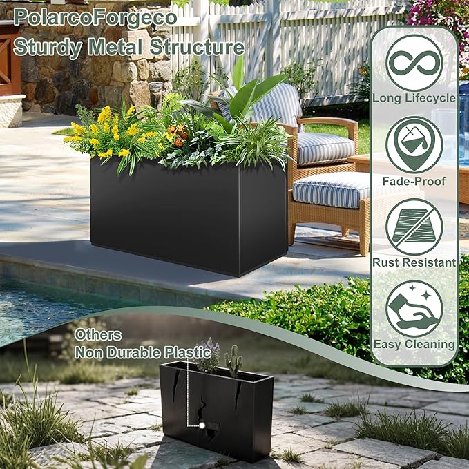 Metal Tall Planter Box for Outdoor Plants, Flowers, Rectangular Black Planters for Front Porch, Garden, with Drainage Holes, All Weather Use, 32" L x 10" W x 16" H