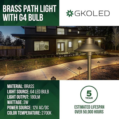 GKOLED Solid Brass Landscape Path Lights (6.7" Shade, 20" Tall), Low Voltage LED 3W 12-24V AC/DC China Hat Path Lighting, 2700K Outdoor Waterproof Walkway Light, with Stake and G4 Bulb, 2 Pack
