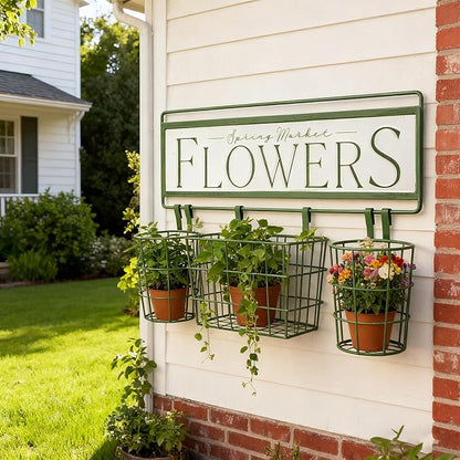 Rustic Spring Market Flowers Wall Planter Set, Farmhouse Metal Hanging Planter with 3 Baskets, Decorative Indoor Outdoor Plant Holder for Succulents, Herbs (Flowers)