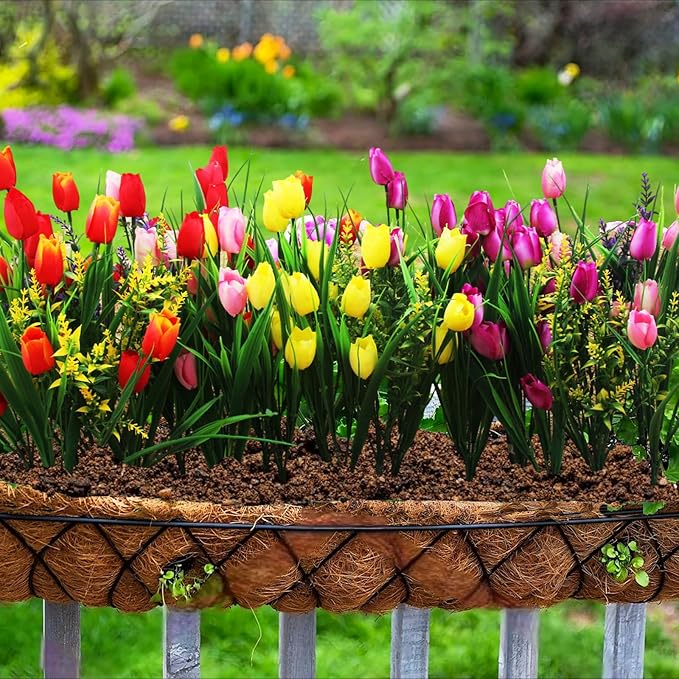 0kiygoo 12 Outdoor Artificial Flower Pieces, Bulk Fake Plastic Plants for Porch, Window, Home & Wedding Decoration in Fall and Summer, Ideal for Hanging Planters (Tulip)