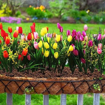 0kiygoo 12 Outdoor Artificial Flower Pieces, Bulk Fake Plastic Plants for Porch, Window, Home & Wedding Decoration in Fall and Summer, Ideal for Hanging Planters (Tulip)