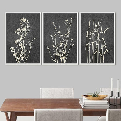 Ashbrook Framed Canvas Print Wall Art Set Black Tan Forest Plant Silhouettes Nature Wilderness Illustrations Modern Art Rustic Chic Colorful for Living Room, Bedroom, Office - 16"x24"x3 White
