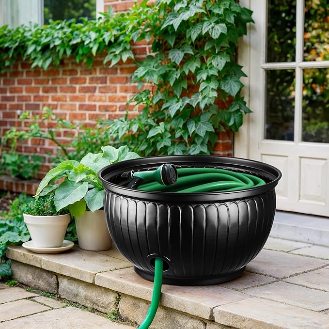 Monarch Abode Garden Hose Holder with Lid – Decorative Water Hose Holders for Outside, Arch Embossed Metal Matte Black Pot with Drainage, 100ft Waterhose Holder for Outside, Garden Storage Caddy