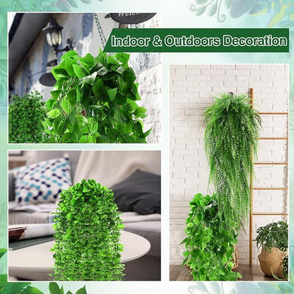 12 Pcs Artificial Hanging Plants Fake Hanging Ferns Plastic Faux Plants for Wall Room Garden Garland Indoor Outdoor Decor No Basket (Boston,Eucalyptus,Ivy Vine,String of Pearls)